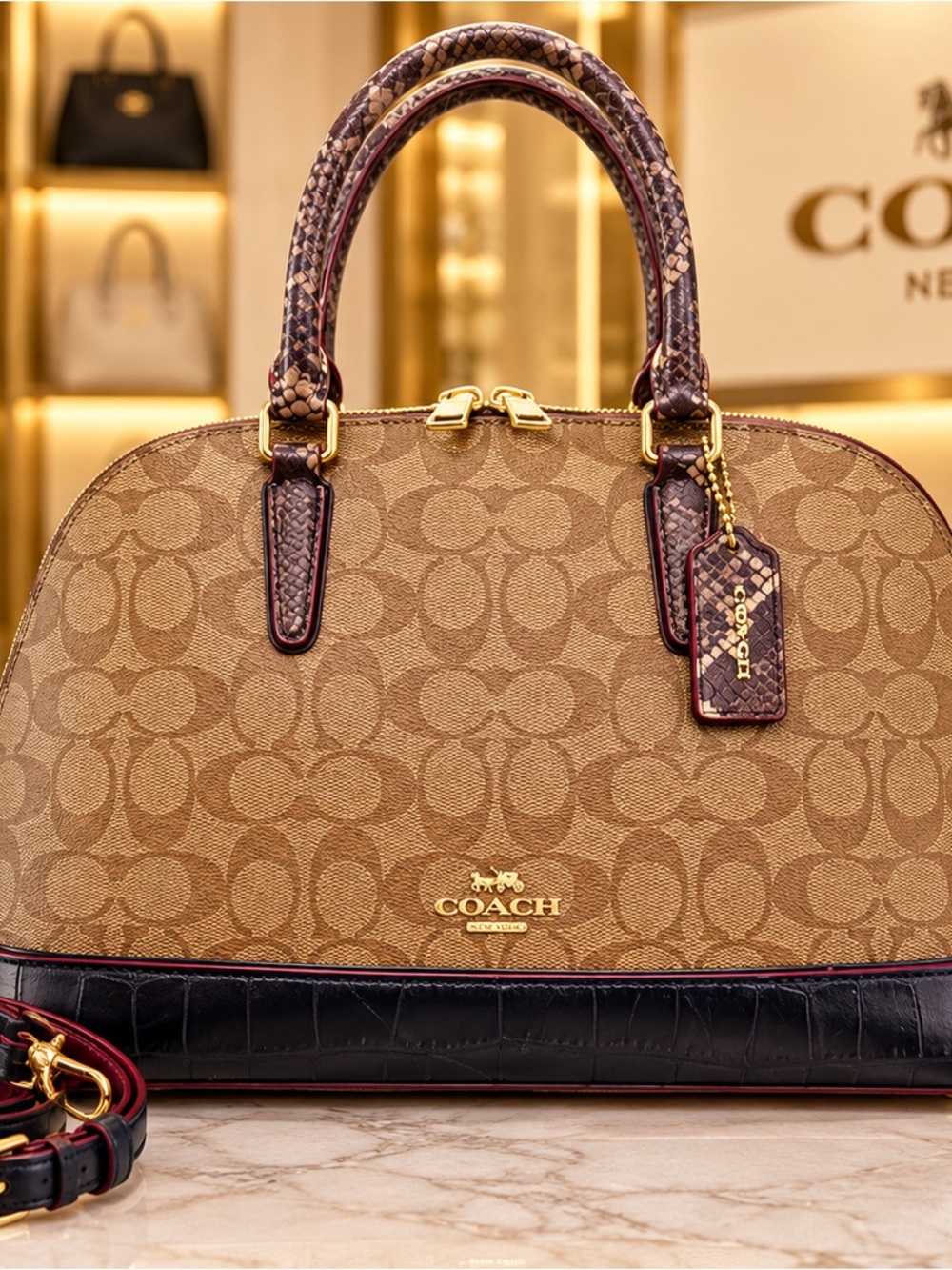 Coach Monogram Dome Satchel - Brown with Black & Burgundy Accents